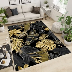 Tapis Luxe Noir Feuille Or