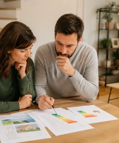 Diagnostiqueur énergétique en train d'inspecter une maison individuelle avec une tablette et un appareil de mesure thermique