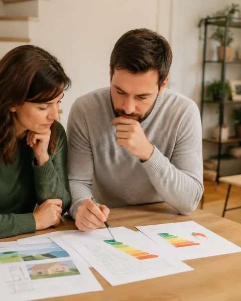 Diagnostiqueur énergétique en train d'inspecter une maison individuelle avec une tablette et un appareil de mesure thermique