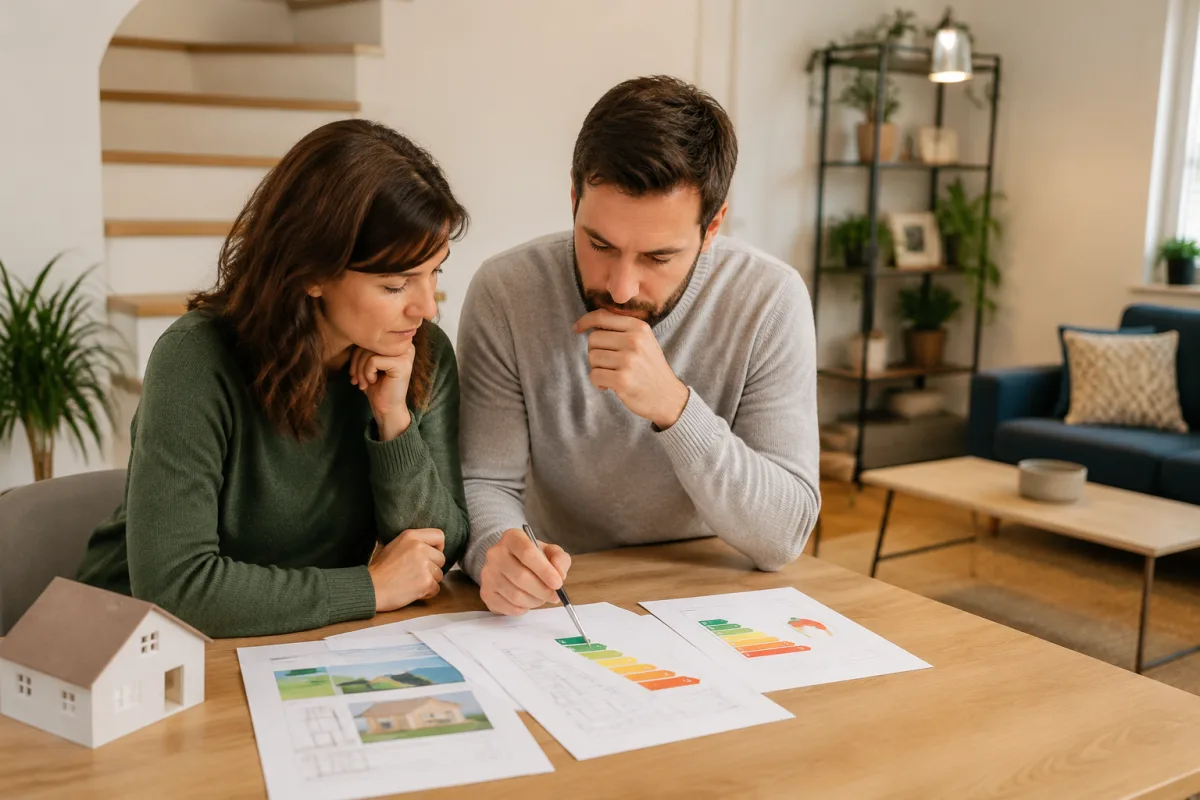 Diagnostiqueur énergétique en train d'inspecter une maison individuelle avec une tablette et un appareil de mesure thermique