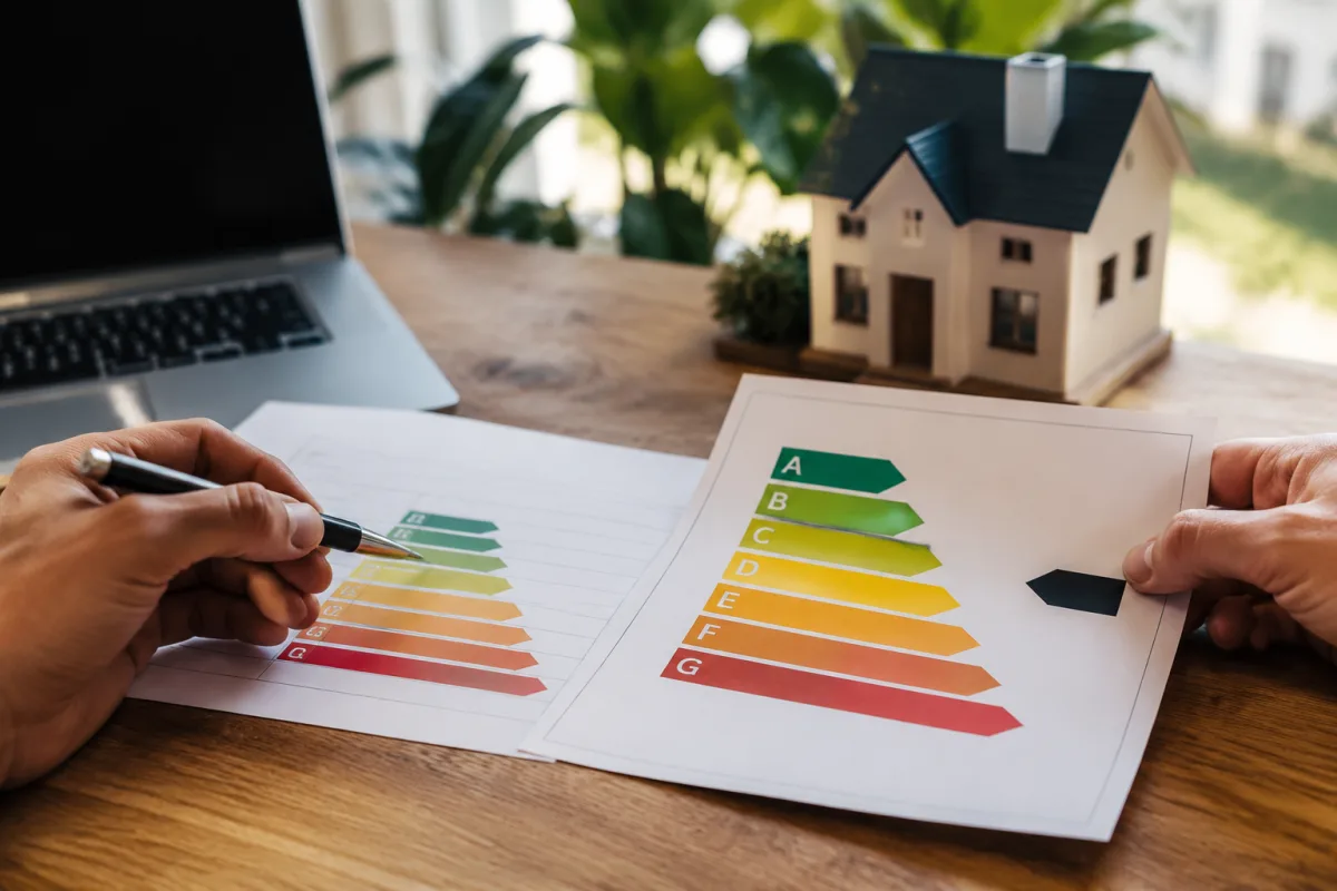 Audit énergétique ou DPE : comment choisir le bon document pour votre logement Gros plan sur un rapport d'audit énergétique posé sur une table avec des annotations manuscrites et une étiquette énergie colorée