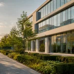 Vue d'ensemble d'un immeuble de bureaux modernes avec panneaux solaires en toiture sous ciel dégagé