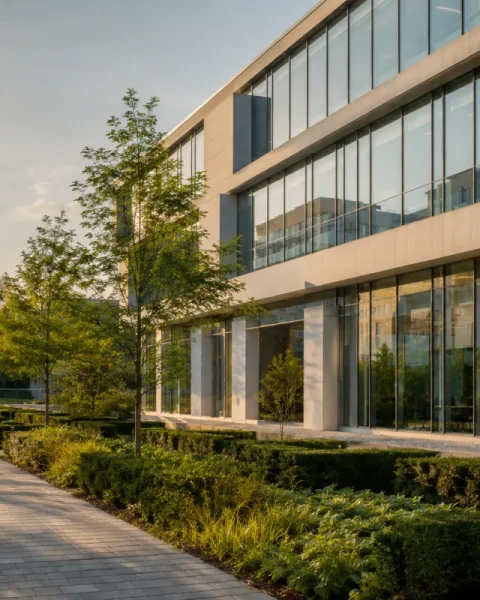Vue d'ensemble d'un immeuble de bureaux modernes avec panneaux solaires en toiture sous ciel dégagé