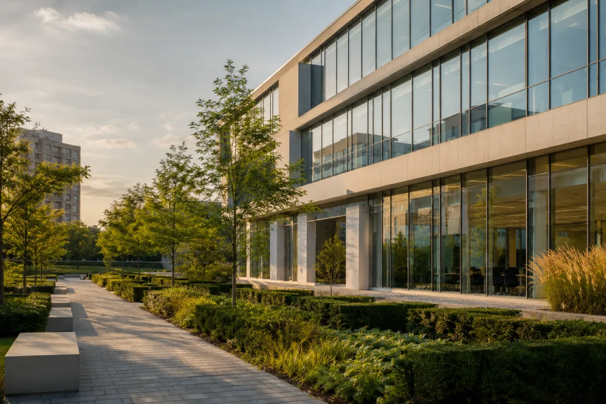 Vue d'ensemble d'un immeuble de bureaux modernes avec panneaux solaires en toiture sous ciel dégagé
