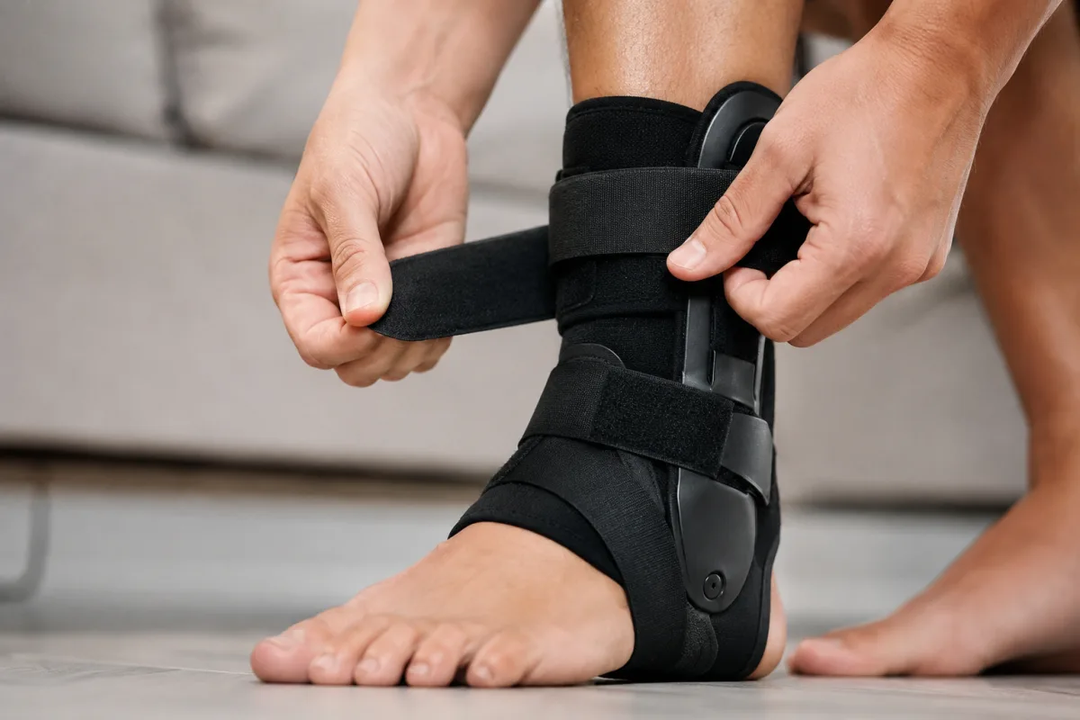 Gros plan sur les sangles de réglage et le tissu respirant d'une attelle pour le pied