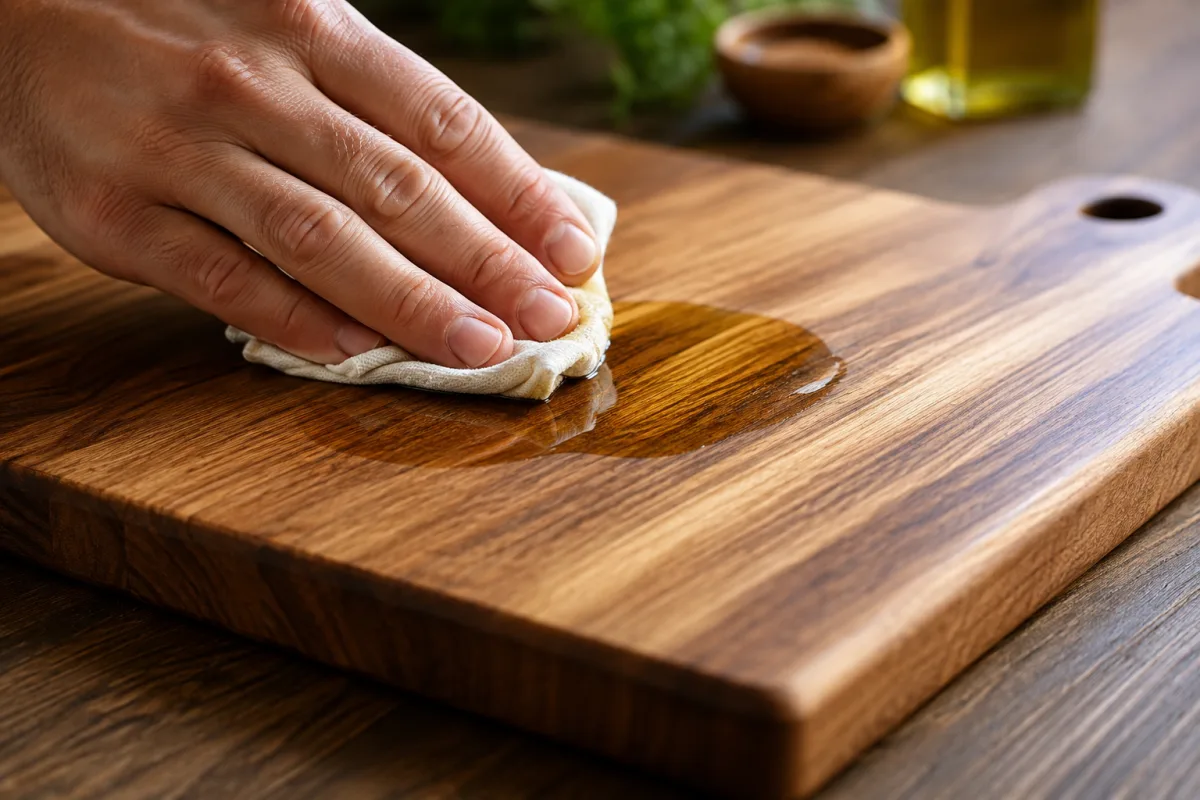 Gros plan sur les veinures d'une planche à découper huilée sous la lame d'un couteau