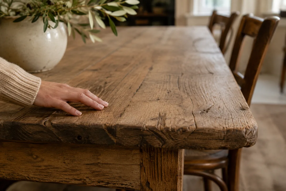 Gros plan sur les chevilles en bois et la patine ancienne du plateau en bois massif d'une table rustique