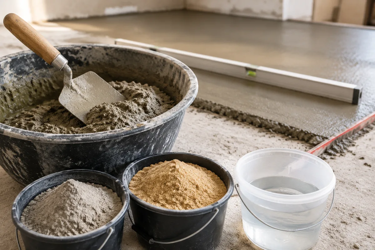 Gros plan sur la texture d'un mortier de ciment dosé et gâché dans un seau