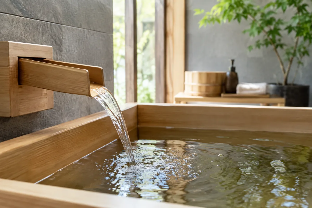 Gros plan sur les finitions soignées du rebord d'une baignoire japonaise traditionnelle