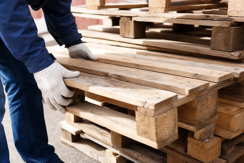 Gros plan sur les lames en bois brut et le marquage d'une palette jetable récupérée