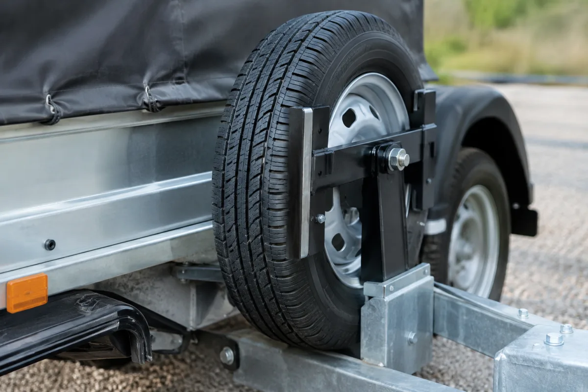 Gros plan sur les boulons de fixation en acier galvanise d un support de roue