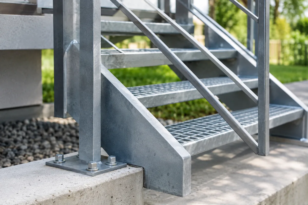 Gros plan sur les marches antidérapantes en caillebotis métallique avec fixations en inox