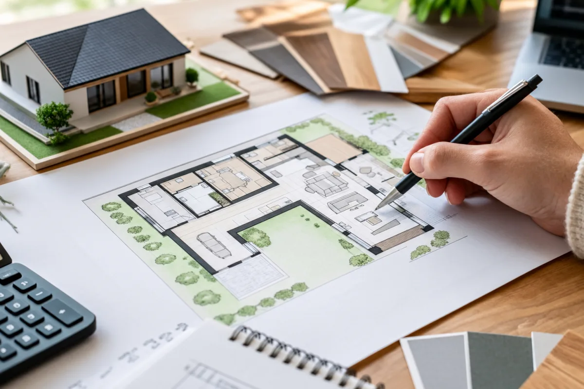 Gros plan sur les esquisses et mesures annotées d'un plan d'architecte posé sur une table