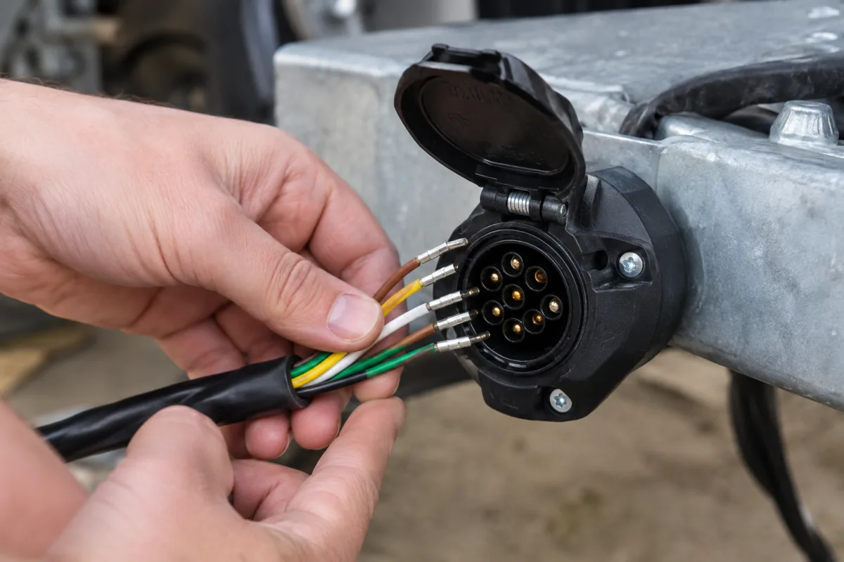 Gros plan sur les fils de couleur dénudés et les broches métalliques du connecteur 7 plots