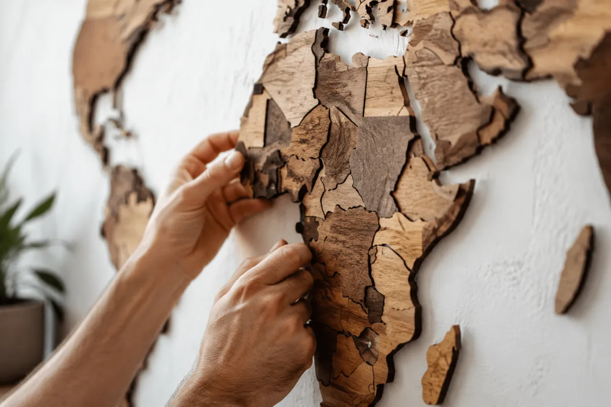 Gros plan sur les détails découpés et la texture naturelle du bois d'une carte murale