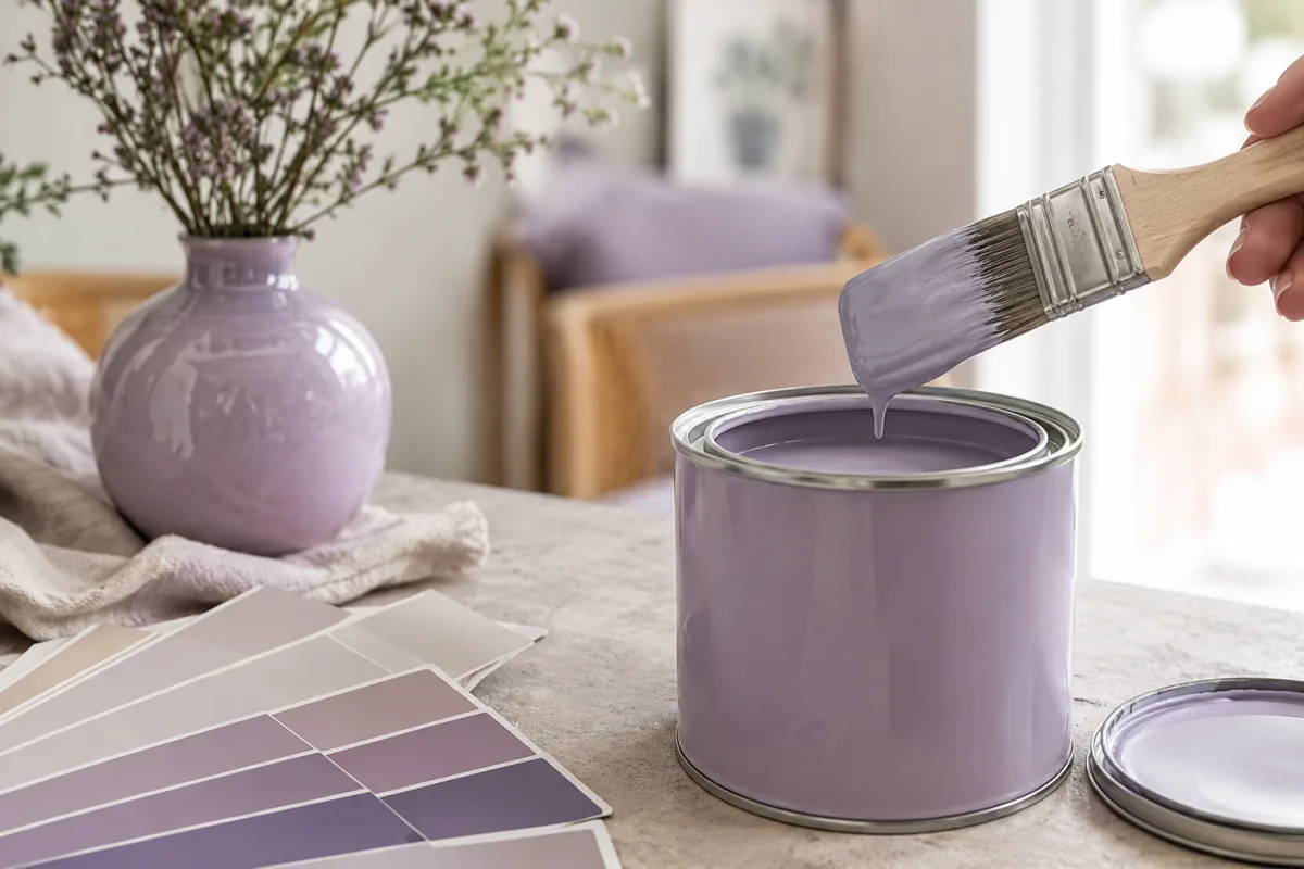Gros plan sur un pot de peinture violet coquillage et son pinceau posé à côté