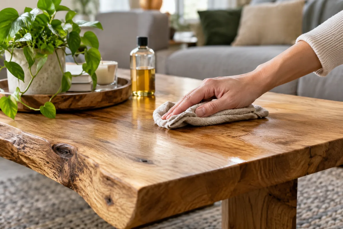 Gros plan sur les veinures et la texture naturelle d'une table basse en bois brut