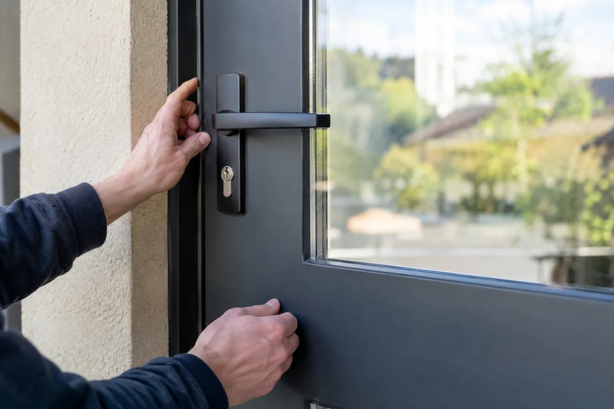 Gros plan sur le cadre en inox et le vitrage feuilleté d un oculus rectangulaire