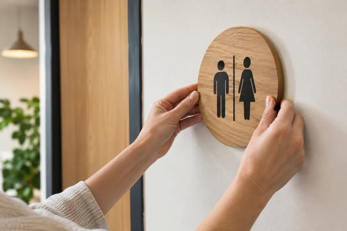 Gros plan sur un symbole de toilette en relief fixé sur une porte en bois massif